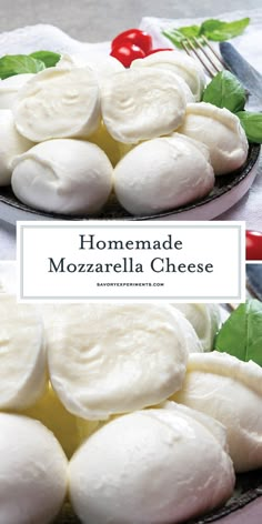 homemade mozzarella cheese on a plate with basil leaves and cherry tomatoes in the background