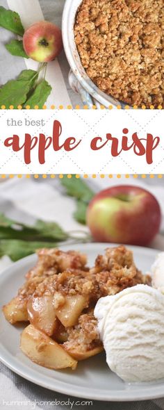 an apple crisp on a plate with ice cream and apples in the background, text overlay reads the best apple crisp