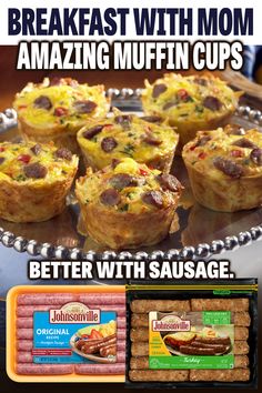 an advertisement for some kind of muffins with sausage on it and the words, easter brunch amazing muffin cups better with sausage