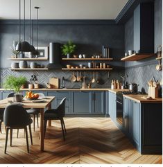 an image of a kitchen setting with blue cabinets and wood flooring on the walls