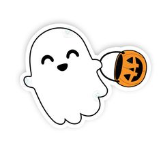 a sticker with a ghost holding a pumpkin