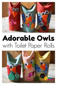 four toilet paper rolls with owls on them and the words adorable owls written in large letters