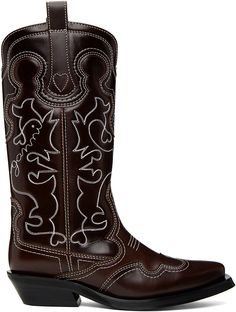 Calf-high buffed calfskin boots in burgundy. Embroidered graphic pattern throughout. · Pointed toe · Pull-loops at collar · Grained leather lining · Stacked leather heel · Tunit sole with rubber injections Supplier color: Burgundy Burgundy Cowboy Boots, Ganni Cowboy Boots, Burgundy Boots, Boots Patterns, Designer Boots, Mid Calf Boots, Graphic Patterns, Western Boots, Leather Heels