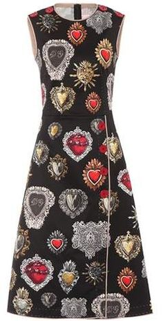 Dolce & Gabbana Printed stretch-cotton dress Round Neckline Dress, Embelished Dress, Hearts Dress, Heart Print Dress, Floral Cotton Dress, Dolce Gabbana Dress, Round Neck Dresses, Heart Dress