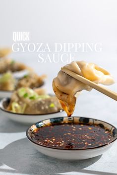 Gyoza sauce in a bowl with a Goyza dumpling being dipped into it. Gyoza Sauce, Gyoza Dumplings, Chicken Gyoza, Dumpling Dipping Sauce, Soy Sauce Rice, Cold Dip Recipes, Dumpling Sauce, Party Dip Recipes