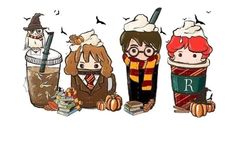 three harry potter characters sitting next to each other with drinks in front of their faces