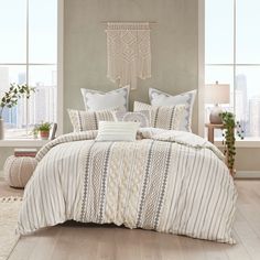 Bring a soft, mid-century look to your bedroom with the Amari Duvet Cover Set. | Amari King/California King Duvet Cover Set in Ivory | by Value City Furniture California King Duvet Cover, Cotton Comforter Set, King Duvet Cover Sets, Geometric Prints, Bedroom Décor, King Comforter Sets, Cotton Comforters, Comfortable Bedroom, Print Comforter