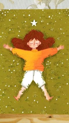 a painting of a girl with her arms spread out in the air while standing on grass