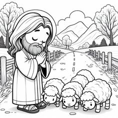 the good shepherd with his sheeps in front of him on a country road coloring page