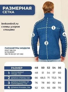 the back of a man's blue sweater with numbers on it and instructions for measurements