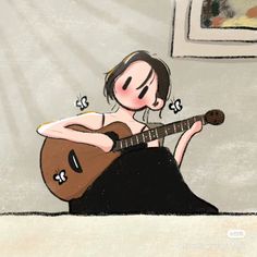 a drawing of a woman sitting on the floor with a guitar in front of her