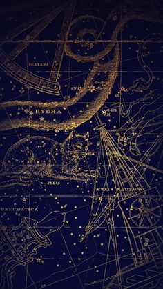 an old map with stars and lines in gold on a blue background, as well as the zodiac sign