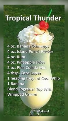 the tropical thunder milkshake recipe is in a tall glass with whipped cream and a cherry on top