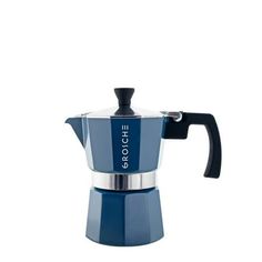 a blue stove top coffee maker on a white background