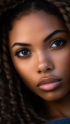 a woman with brown hair and blue eyes is looking at the camera while she has braids on her head