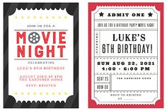 two movie ticket birthday party invitations with red, white and black stripes on them