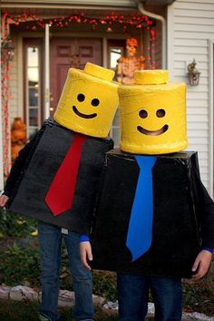 two children wearing legos made to look like people