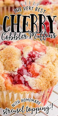 These cherry cobbler muffins are absolutely scrumptious, packed with juicy cherries and topped with a crumbly, sweet streusel. They look like mini coffee cakes and would be perfect for breakfast or dessert. Cobbler Muffins, Easy Cherry Cobbler, Sweet Muffins, Muffin Flavors, Cherry Muffins, Dessert For Breakfast, Bakery Style Muffins, Canning Cherry Pie Filling, Breakfast Easy