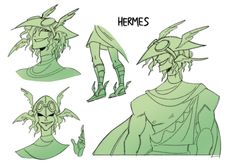 some sketches of an alien creature with green hair