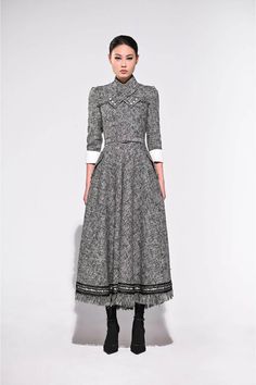 Davis A-line Middle Sleeved Tweed Midi Dress | MEAN BLVD Tweed Midi Dress, Mean Blvd, Mass Production, Tweed Dress, Sewing Basics, Dress Ideas, Winter Dresses, Xl Dress, Flare Skirt