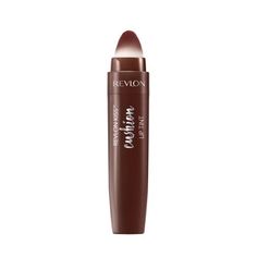 Plush tip for a lush lip! With its soft cushion tip, this lip tint delivers a stain of colorand tons of moisture. Size: 0.18 fl oz.  Color: Brown. Revlon Socialite Lipstick, Revlon Cushion Lip Tint Swatches, Revlon Indulge In It, Revlon Cushion Lip Tint, Revlon Kiss Cushion Lip Tint, Drugstore Lips, Revlon Lipstick, Chocolate Pops, Revlon Makeup