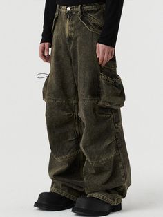 This is a pair of denim pants with black and yellow tone that has a wide silhouette and unique side cargo pockets. With adjustable string on the hem, you can style it in various different ways. Adjustable string on the hemWide silhouetteVoluminous side pockets Funky Clothes Men, Alternative Clothing Men, Fairy Grunge Pants, Burlap Pants, Baggy Green Pants, Alt Pants, Masc Clothing, Cargo Pants Aesthetic, Earth Tone Clothes