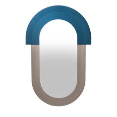 an oval shaped mirror with blue and grey trim on the edges, against a white background