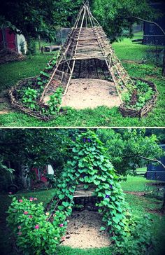 two pictures of an outdoor structure made out of sticks and plants in the yard, one is