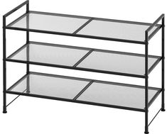 three tiered metal shelf with mesh sides and wheels on each side, in black