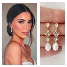 an image of a woman wearing earrings with pearls and diamonds on the bottom, and another photo