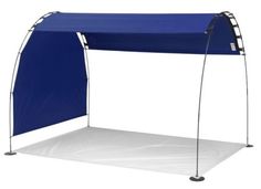 a blue canopy tent with the side walls closed up and white flooring underneath it