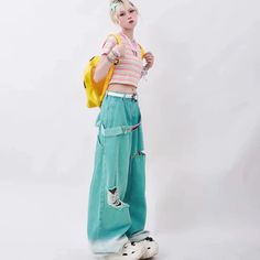 Wide Harajuku Y2K Pants - Pastel Kitten Tattered Jeans, Estilo Harajuku, Y2k Pants, Streetwear Mode, Oversized Jeans, Moda Jeans, Stylish Blouse, Simple Tees, Colored Pants