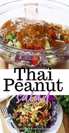 thai peanut salad in a glass bowl with the words thai peanut salad on top and below