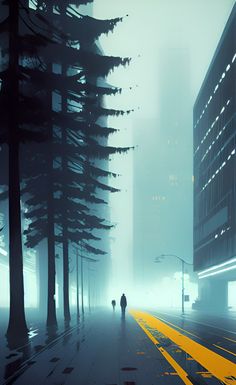 two people are walking down the street in front of tall buildings on a foggy day