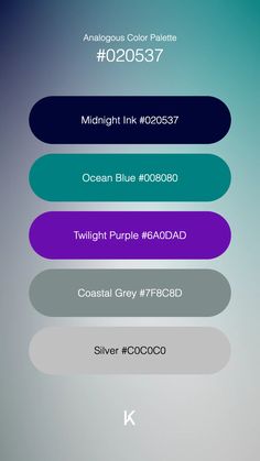 Analogous Color Palette Midnight Ink #020537 · Ocean Blue #008080 · Twilight Purple #6A0DAD · Coastal Grey #7F8C8D · Silver #C0C0C0 Coloring Book Color Schemes, Blue And Purple Color Palette, Analogous Color Palette, Twilight Purple, Analogous Color, Palette Challenge, Hex Color, Colour Pallets, Purple Color Palettes