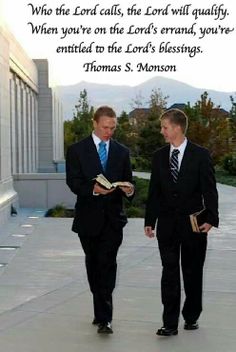 two men in suits walking down a sidewalk with a quote from thomas s monsson