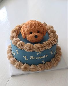 a teddy bear sitting on top of a blue and brown cake covered in icing