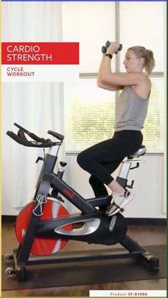 a woman is doing an exercise on a stationary bike