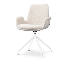 an upholstered chair with a white base