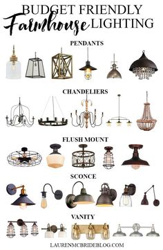 a bunch of different types of lights hanging from the ceiling and on the wall with text overlay that says budget friendly farmhouse lighting