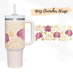 a mug with flowers on it next to the words ma maa and an image of roses