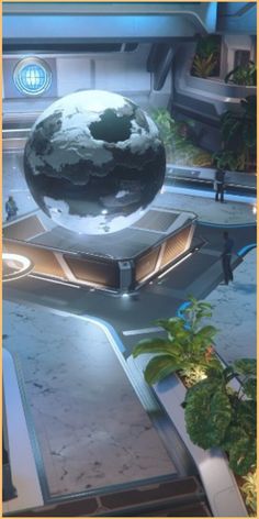 an image of a futuristic building with a large globe on it's centerpiece