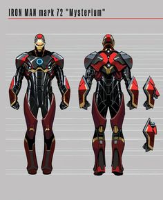 the iron man mark 2 costume is shown in red and black, with multiple armors