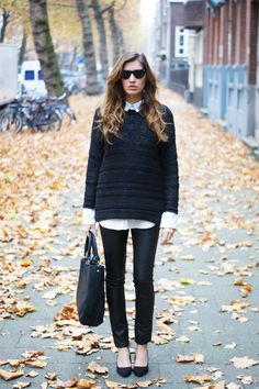 Button-Up Denim Shirt, Sweater, Leather Trousers,  Heels Heels Work Outfit, Edgy Preppy, Preppy Style Spring, Faux Leather Trousers, Batwing Sleeve Sweater, Fashion Preppy, Preppy Fashion, Leather Panel, Panel Leggings