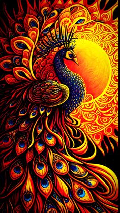 a painting of a colorful peacock with the sun in the background