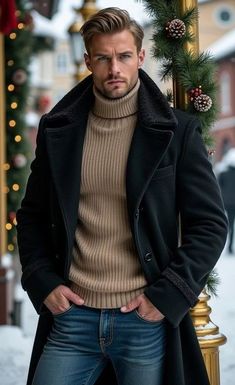 Overcoat Casual Outfit Men, Nicely Dressed Men, Men Overcoat Outfit, British Male Models, Mens Outfits Ideas, European Fashion Winter, Christmas Outfit Men, Mens Winter Fashion Outfits