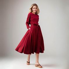 This elegant and versatile midi linen dress features a flattering silhouette with a fitted bodice and a flowing skirt that gracefully drapes around your body. The natural texture of the linen fabric adds depth and character to the dress, while its softness against the skin ensures a delightful wearing experience. ★★FEATURES Linen 55% + Cotton 45% ( Medium Weight，Comfortable, Breathable and Washed Soft fabric) Two side pockets Long sleeve dress Belted Linen dress Right side zipper closure Midi linen dress Casual linen dress Perfect for Summer, Spring, autumn ★★ Bespoke Order Service If you Request other color Request the length Your height is not between 155 cm- 172 cm Your weight is over 75 kg I can do it for you, It will need some extra fee depending on on your need. Contact with me for m Linen Dress Casual, Midi Linen Dress, Burgundy Midi Dress, Linen Midi Dress, Dress Spring, Flowing Skirt, I Can Do It, Dress With Pockets, Height And Weight