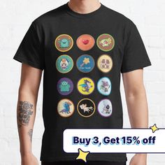 a man wearing a black t - shirt with buttons on it that says buy 3 get 15 % off