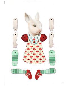 a rabbit is standing in front of some skateboards and umbrellas on a white background