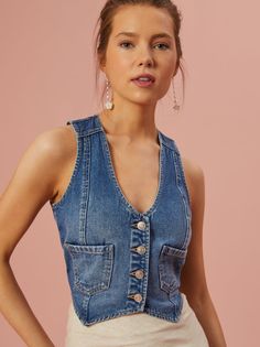 Add a touch of style to your outfit with our denim seam front vest. Featuring princess seams for a flattering fit, this vest is sure to become a closet staple. Denim Vest Style, Denim Vest Top, Crop Denim Vest, Soft Summer Colors, Tartan Skirt, Rodeo Outfits, Navy Blue Sweater, Brown Pants, Closet Staples